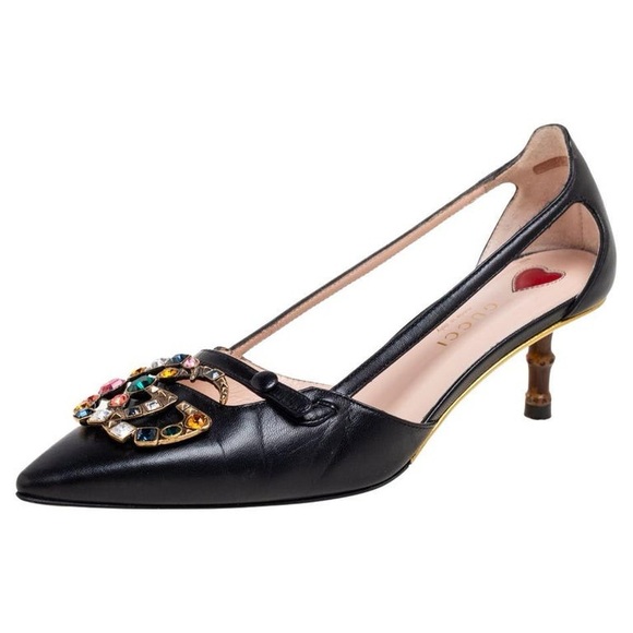 Gucci Shoes - Gucci Black Leather GG Crystal Bamboo Heel Unia Pumps